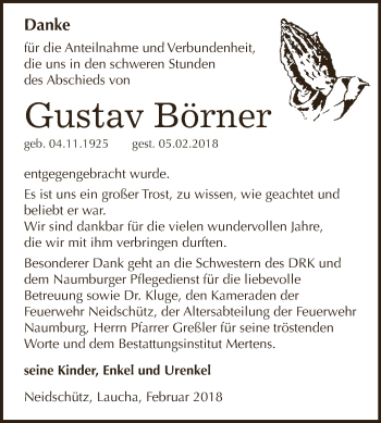 Traueranzeige von Gustav Börner von WVG - Wochenspiegel NMB / WSF / ZTZ