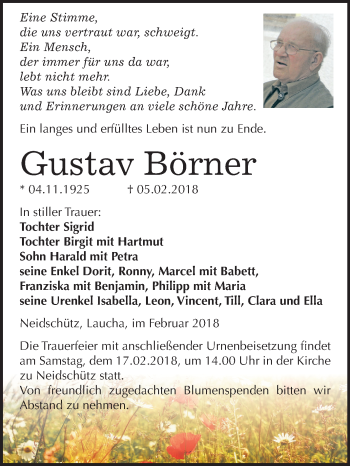 Traueranzeige von Gustav Börner von Mitteldeutsche Zeitung