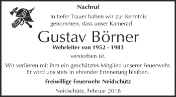 Traueranzeige von Gustav Börner von WVG - Wochenspiegel NMB / WSF / ZTZ