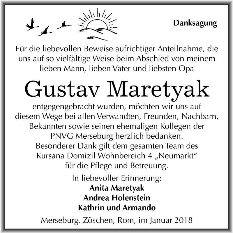  Traueranzeige für Gustav Maretyak vom 02.02.2018 aus Mitteldeutsche Zeitung Merseburg/Querfurt