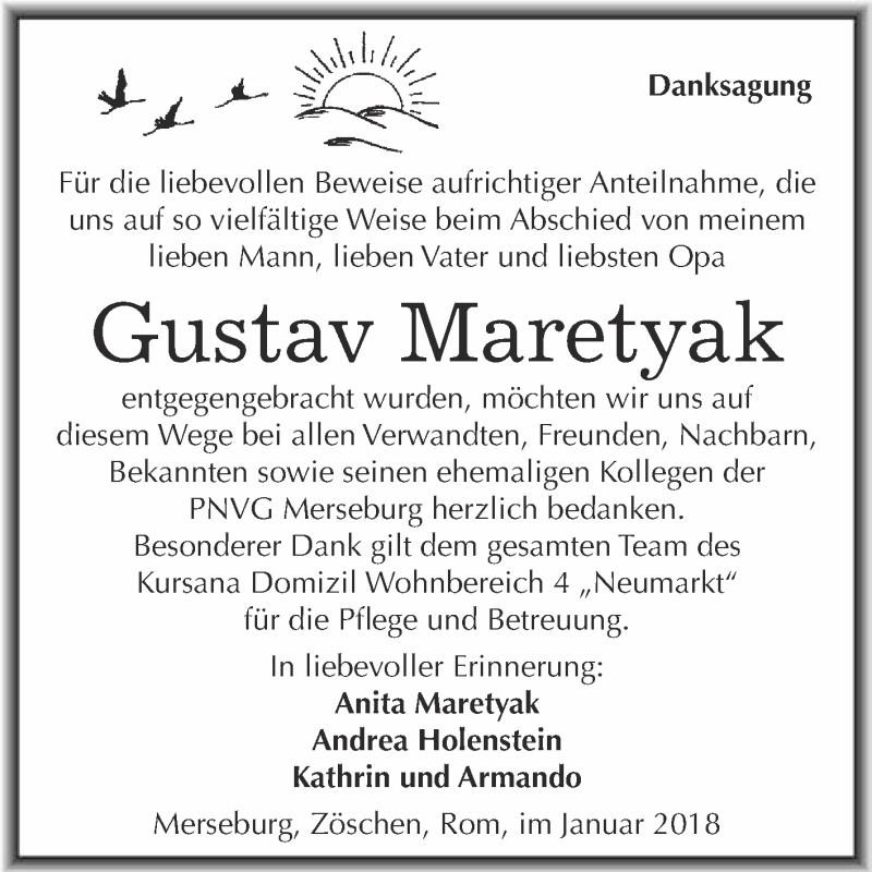  Traueranzeige für Gustav Maretyak vom 03.02.2018 aus WVG - Wochenspiegel Merseburg