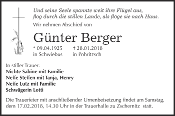 Traueranzeige von Günter Berger von WVG - Wochenspiegel Bitterfeld