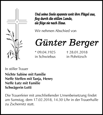 Traueranzeige von Günter Berger von Mitteldeutsche Zeitung Bitterfeld