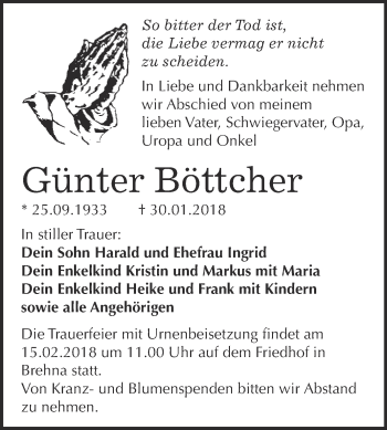 Traueranzeige von Günter Böttcher von WVG - Wochenspiegel Bitterfeld