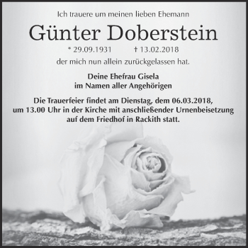 Traueranzeige von Günter Doberstein von WVG - Wochenspiegel Wittenberg