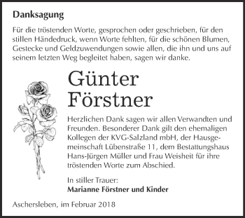 Traueranzeige von Günter Förstner von Super Sonntag Aschersleben