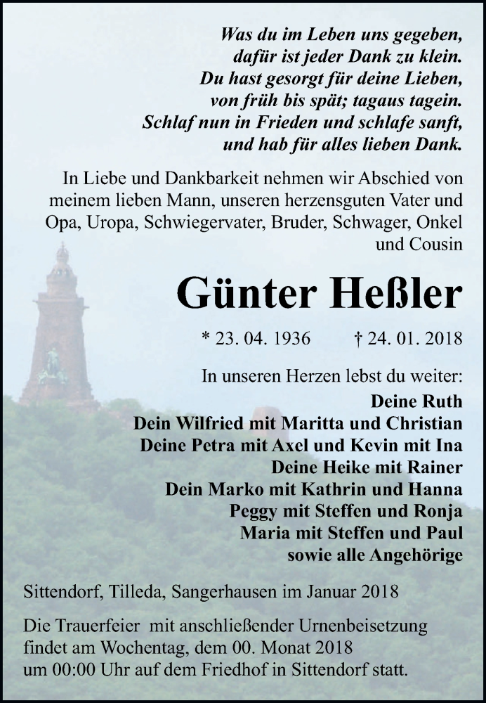  Traueranzeige für Günter Heßler vom 03.02.2018 aus Super Sonntag SGH Mansf. Land