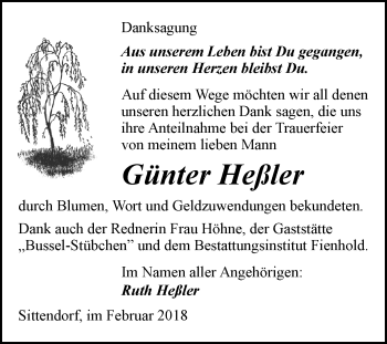 Traueranzeige von Günter Heßler von Mitteldeutsche Zeitung Sangerhausen