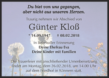 Traueranzeige von Günter Kloß von Super Sonntag Bernburg