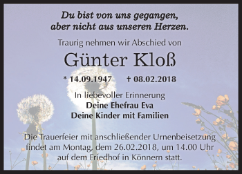 Traueranzeige von Günter Kloß von Mitteldeutsche Zeitung Bernburg