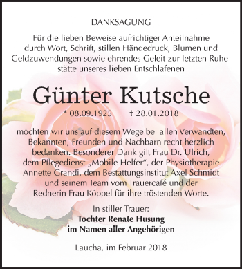 Traueranzeige von Günter Kutsche von Mitteldeutsche Zeitung
