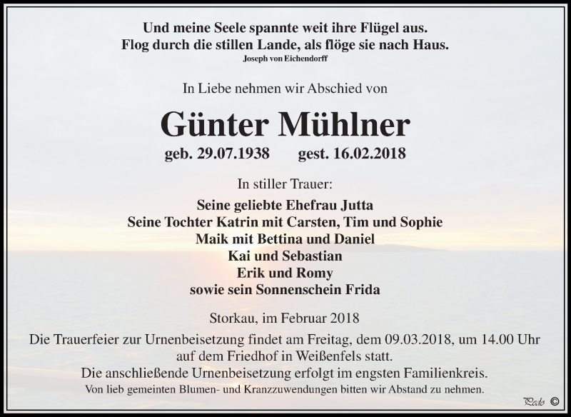  Traueranzeige für Günter Mühlner vom 24.02.2018 aus Mitteldeutsche Zeitung Weißenfels
