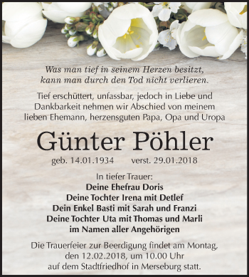 Traueranzeige von Günter Pöhler von Mitteldeutsche Zeitung Merseburg/Querfurt