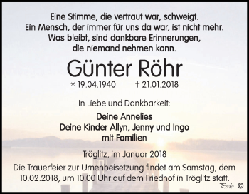 Traueranzeige von Günter Röhr von Super Sonntag Zeitz