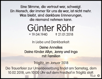 Traueranzeige von Günter Röhr von Mitteldeutsche Zeitung Zeitz