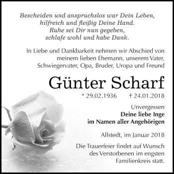 Traueranzeige von Günter Scharf von Super Sonntag SGH Mansf. Land