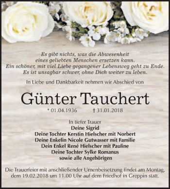 Traueranzeige von Günter Tauchert von WVG - Wochenspiegel Bitterfeld