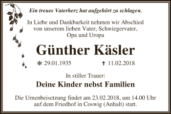 Traueranzeige von Günther Käsler von WVG - Wochenspiegel Dessau / Köthen