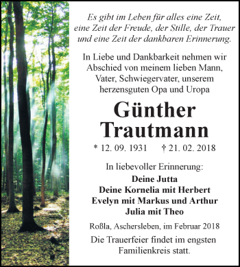 Traueranzeige von Günther Trautmann von Mitteldeutsche Zeitung