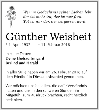 Traueranzeige von Günther Weisheit von Mitteldeutsche Zeitung Halle/Saalkreis