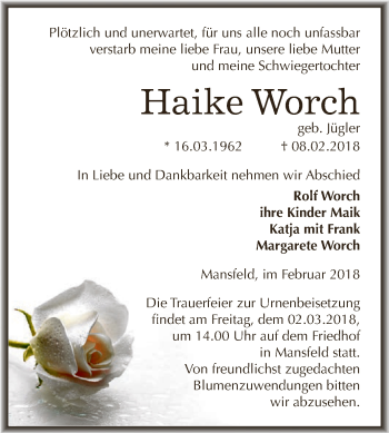 Traueranzeige von Haike Worch von Super Sonntag SGH Mansf. Land