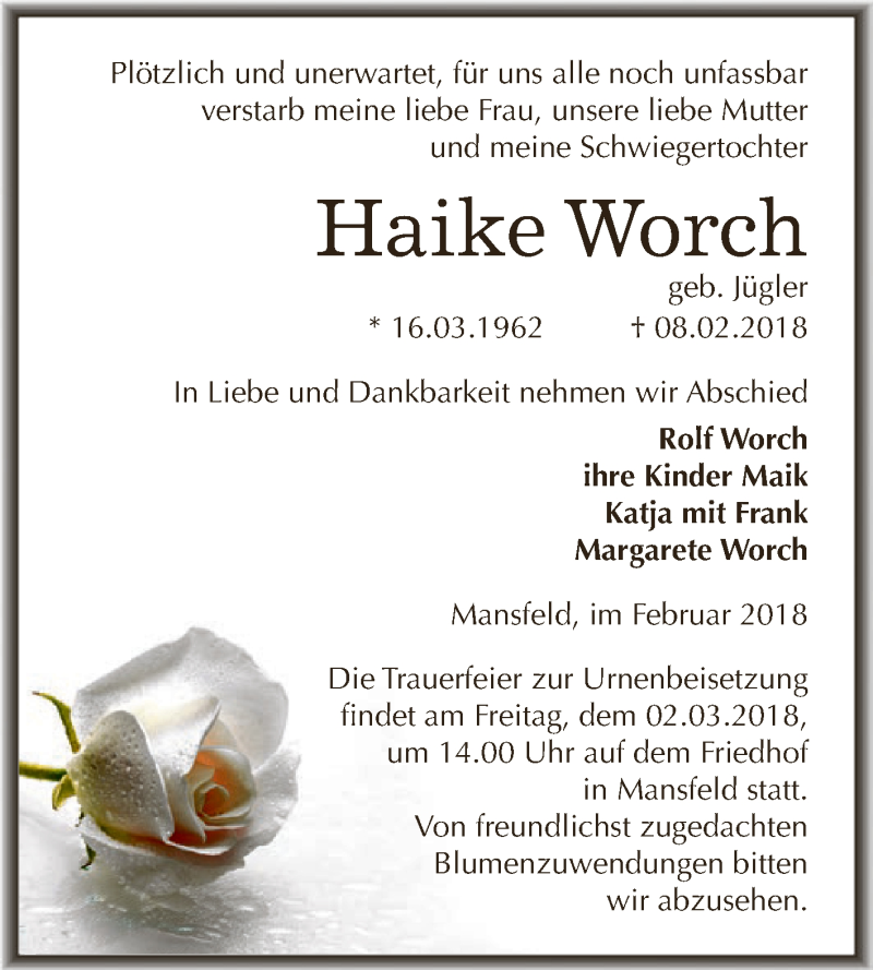 Traueranzeige für Haike Worch vom 24.02.2018 aus Super Sonntag SGH Mansf. Land