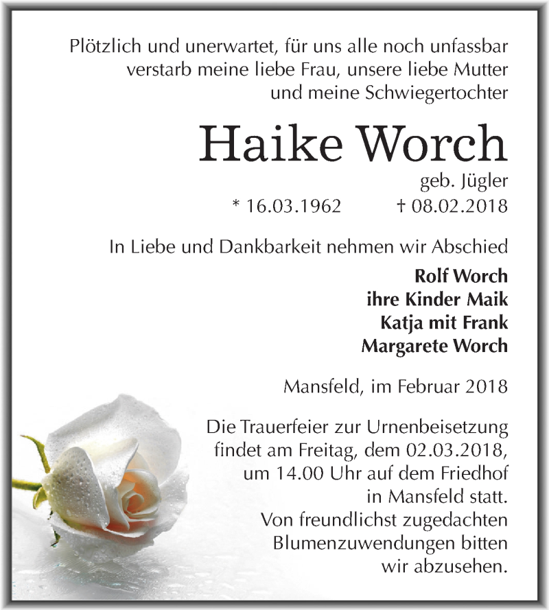  Traueranzeige für Haike Worch vom 21.02.2018 aus Mitteldeutsche Zeitung