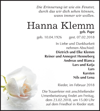 Traueranzeige von Hanna Klemm von Mitteldeutsche Zeitung