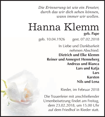Traueranzeige von Hanna Klemm von WVG - Wochenspiegel Quedlinburg