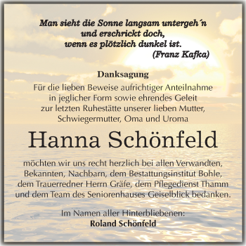 Traueranzeige von Hanna Schönfeld von Mitteldeutsche Zeitung Merseburg/Querfurt