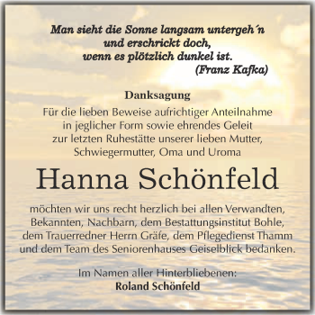 Traueranzeige von Hanna Schönfeld von WVG - Wochenspiegel Merseburg