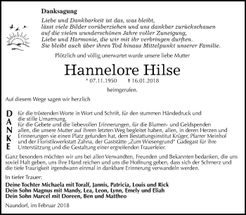 Traueranzeige von Hannelore Hilse von Mitteldeutsche Zeitung