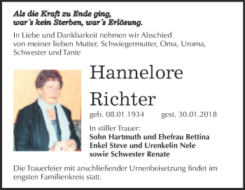 Traueranzeige von Hannelore Richter von WVG - Wochenspiegel Bitterfeld
