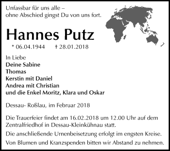 Traueranzeige von Hannes Putz von Mitteldeutsche Zeitung Dessau-Roßlau