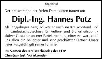 Traueranzeige von Hannes Putz von Mitteldeutsche Zeitung Dessau-Roßlau