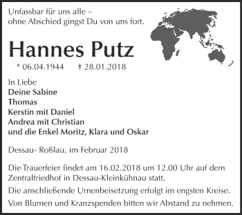 Traueranzeige von Hannes Putz von WVG - Wochenspiegel Dessau / Köthen