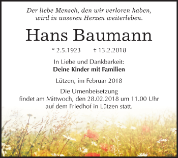 Traueranzeige von Hans Baumann von Mitteldeutsche Zeitung Weißenfels