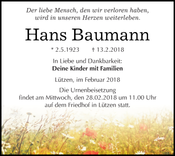 Traueranzeige von Hans Baumann von Super Sonntag Merseburg