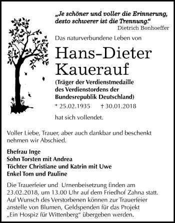 Traueranzeige von Hans-Dieter Kauerauf von Mitteldeutsche Zeitung