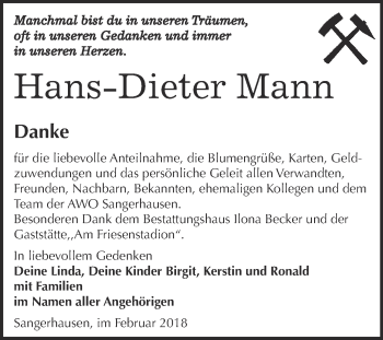 Traueranzeige von Hans-Dieter Mann von Super Sonntag SGH Mansf. Land