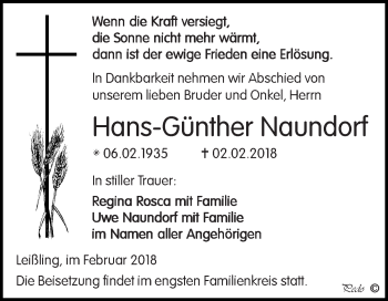 Traueranzeige von Hans-Günther Naundorf von WVG - Wochenspiegel NMB / WSF / ZTZ