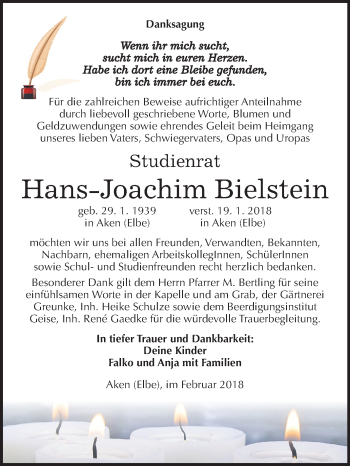 Traueranzeige von Hans-Joachim Bielstein von Mitteldeutsche Zeitung Köthen