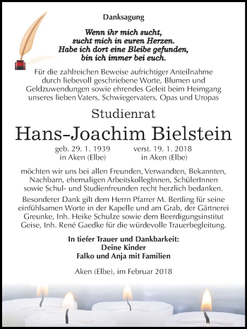 Traueranzeige von Hans-Joachim Bielstein von WVG - Wochenspiegel Dessau / Köthen