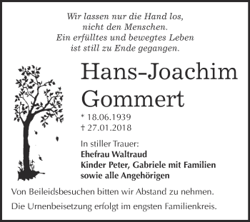 Traueranzeige von Hans-Joachim Gommert von WVG - Wochenspiegel Bitterfeld