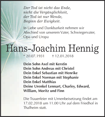 Traueranzeige von Hans-Joachim Hennig von WVG - Wochenspiegel Bitterfeld
