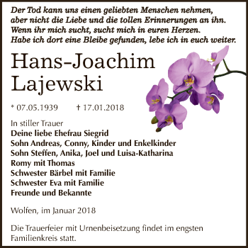 Traueranzeige von Hans-Joachim Lajewski von WVG - Wochenspiegel Dessau / Köthen