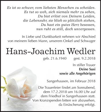 Traueranzeige von Hans-Joachim Wedler von Mitteldeutsche Zeitung Sangerhausen