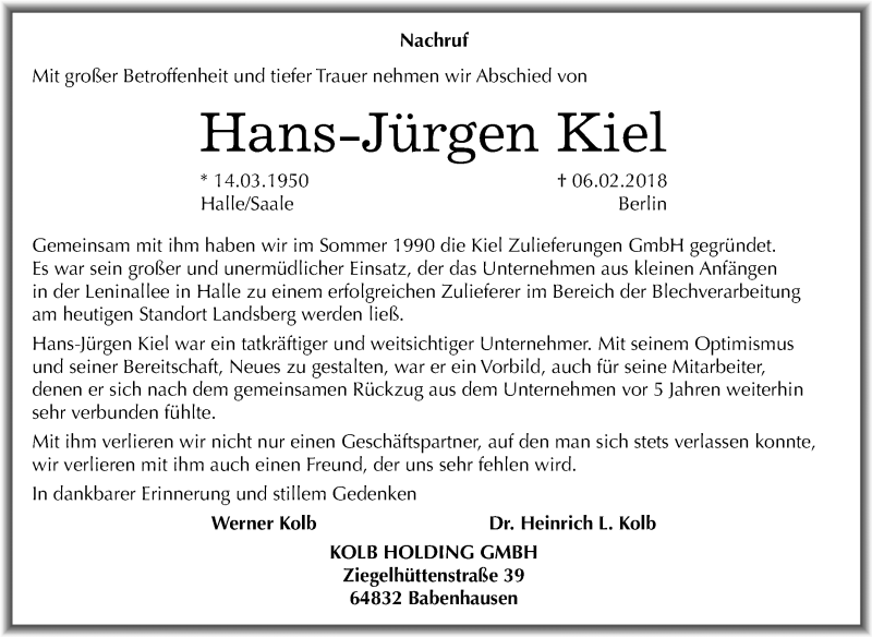  Traueranzeige für Hans-Jürgen Kiel vom 10.02.2018 aus Mitteldeutsche Zeitung Halle/Saalkreis