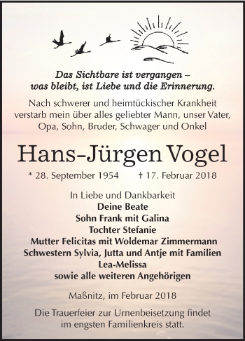 Traueranzeige von Hans-Jürgen Vogel von Mitteldeutsche Zeitung