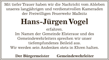 Traueranzeige von Hans-Jürgen Vogel von Super Sonntag Zeitz